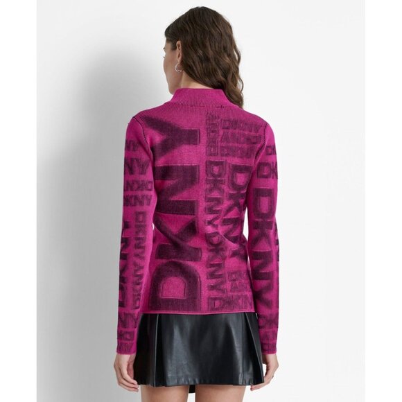 DKNY Womens Quarter Zip Stand Collar Embossed Sweater Vibrant Pink Size L NWT - Picture 4 of 5